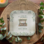Farmer's Market Farm Stand Welcome Bridal Shower Paper Plate<br><div class="desc">Beautiful forest and sage green eucalyptus and boutique "She's Fresh Off the Market" Farmer's Market Bridal Shower design.  Rustic aged-look front background combined with the greenery laden wood stand and the surrounding overhanging eucalyptus is reminiscent of an open air Italian or country marketplace.</div>