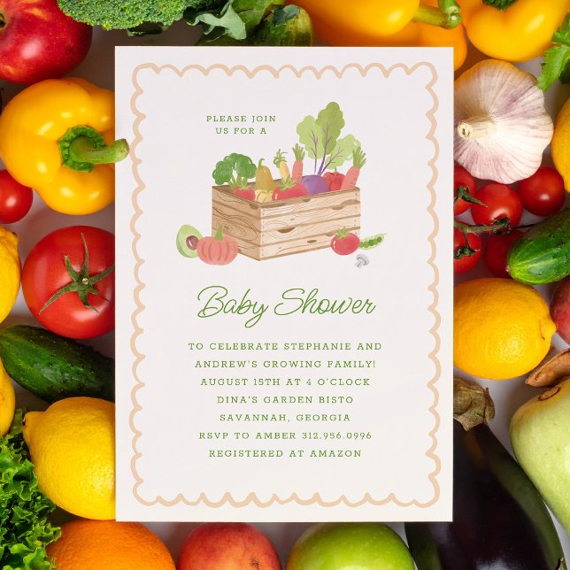 Farmer's Market Locally Grown Veggies Baby Shower Invitation (cute watercolour farmer's market baby shower invitation with crate of vegetables)
