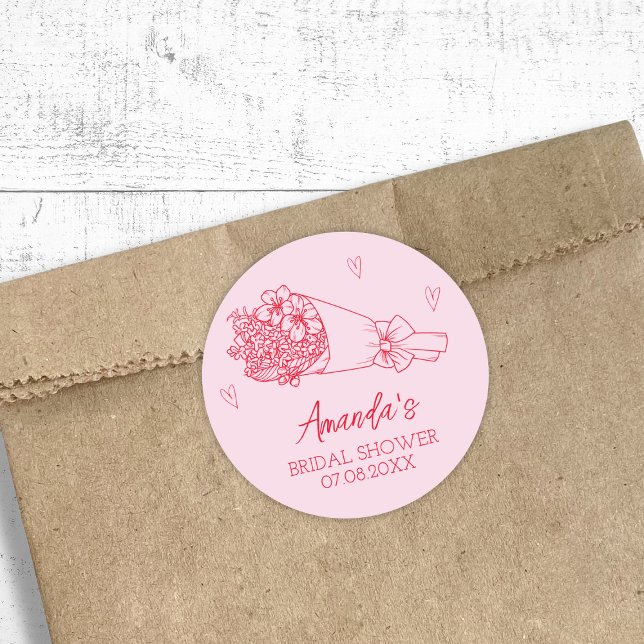 Farmer's Market Pink & Red Scribble Bridal Shower Classic Round Sticker (Farmer's Market Pink & Red Scribble Bridal Shower Classic Round Sticker)