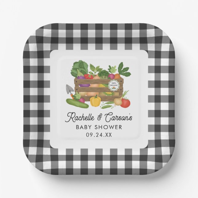 Farmers Market Vegetable Crate Gingham Baby Shower Paper Plate (Front)