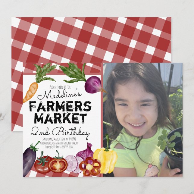 Farmers Market Vegetables Fruits Birthday Photo Invitation (Front/Back)