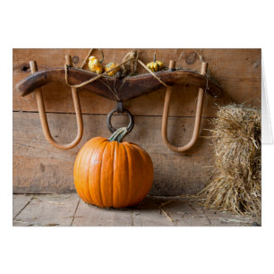 Farmers Museum. Pumpkin in barn with bale of hay