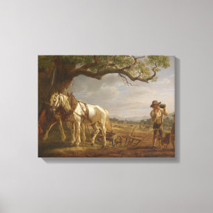 Farmers Resting in a Field With Horses and Plough Canvas Print