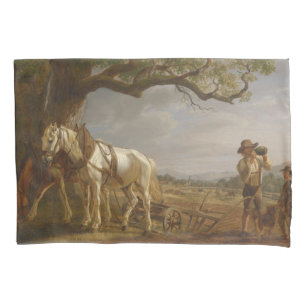 Farmers Resting in a Field With Horses and Plough Pillowcase