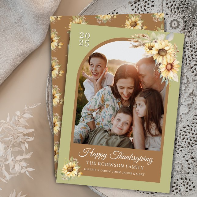 Farmhouse Autumn Fall Floral Happy Thanksgiving Holiday Card (elegant sunflowers theme Happy Thanksgiving cards with arch photo and rustic farmhouse aesthetics)