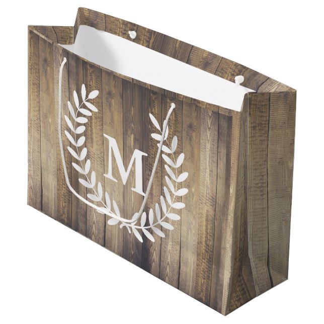 Farmhouse Barn Wood White Laurels Initial Letter Large Gift Bag (Front Angled)
