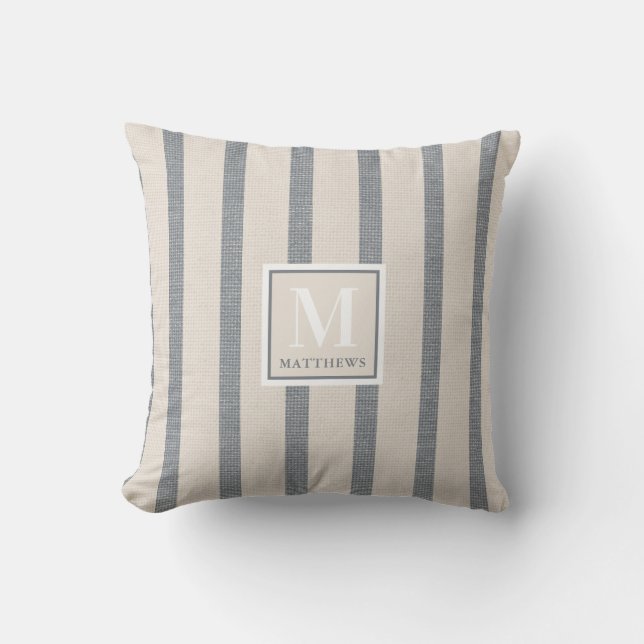 Farmhouse Beige and Country Blue Name Monogram Cushion (Front)