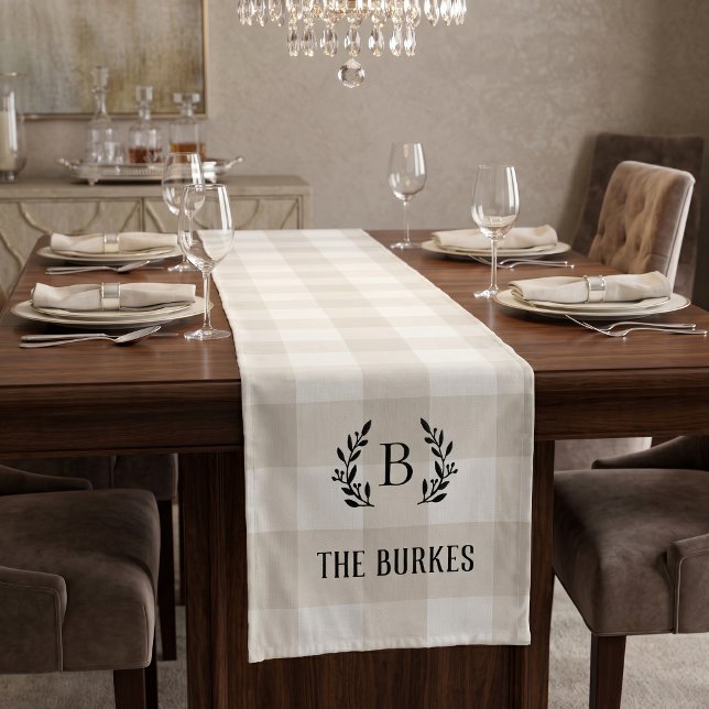 Farmhouse Beige Buffalo Check Family Monogram Short Table Runner (Creator Uploaded)
