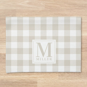 Farmhouse Beige Buffalo Check Family Name Monogram Tea Towel