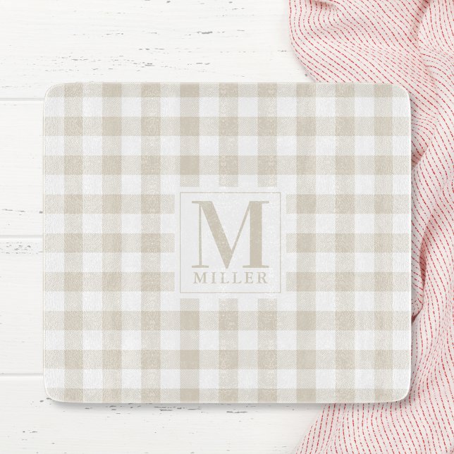 Farmhouse Beige Buffalo Check Monogram Glass Cutting Board (Creator Uploaded)