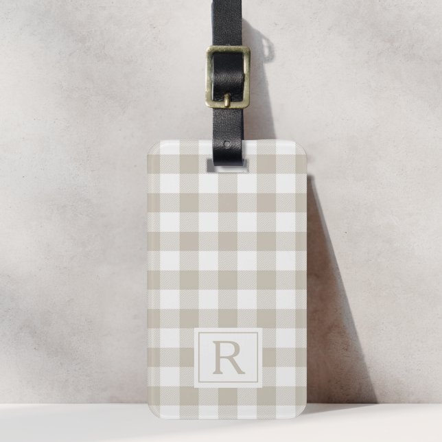 Farmhouse Beige Buffalo Check Monogram Luggage Tag (Creator Uploaded)