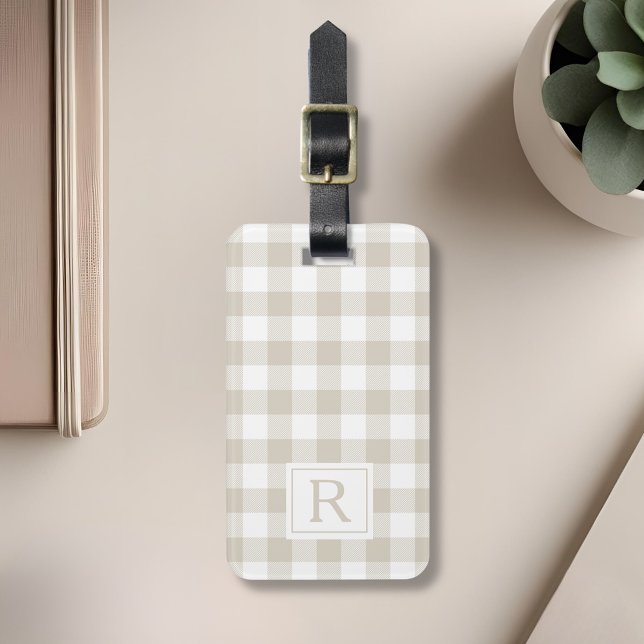 Farmhouse Beige Buffalo Check Monogram Luggage Tag (Creator Uploaded)