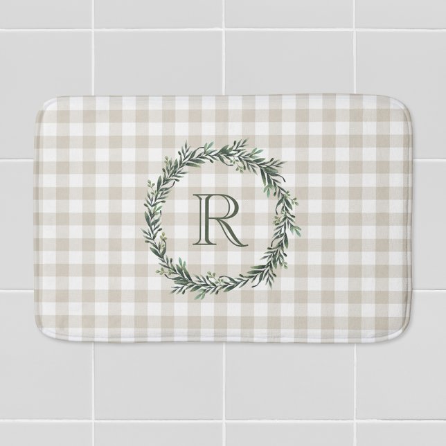 Farmhouse Beige Buffalo Check Monogrammed Wreath Bath Mat (Creator Uploaded)