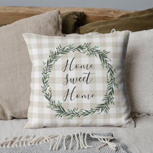 Farmhouse Beige Buffalo Plaid Home Sweet Home Cushion