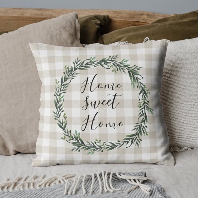 Farmhouse Beige Buffalo Plaid Home Sweet Home Cushion (Creator Uploaded)