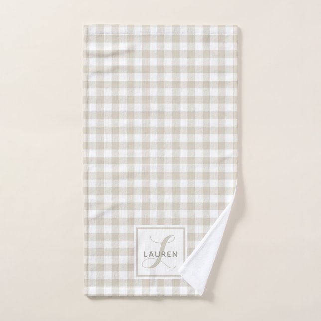 Farmhouse Beige Buffalo Plaid Monogram Hand Towel (Hand Towel)