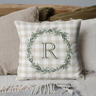 Farmhouse Beige Buffalo Plaid Wreath Initial Cushion