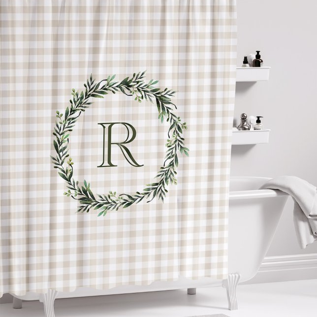 Farmhouse Beige Buffalo Plaid Wreath Monogram Shower Curtain (Creator Uploaded)