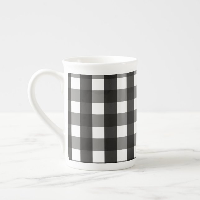 FARMHOUSE BLACK AND WHITE GINGHAM CHECK BONE CHINA MUG (Left)