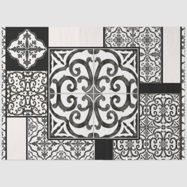 Farmhouse Black and White Tile Pattern Decoupage Tissue Paper (Front)