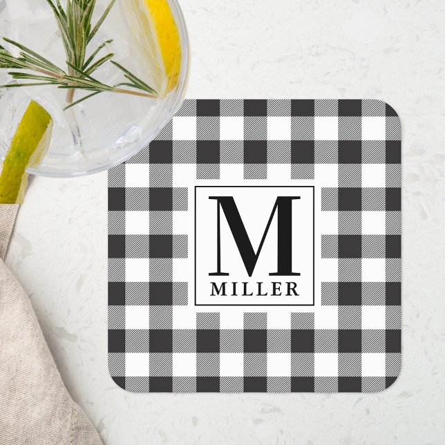 Farmhouse Black Buffalo Check Family Name Monogram Square Paper Coaster (Creator Uploaded)