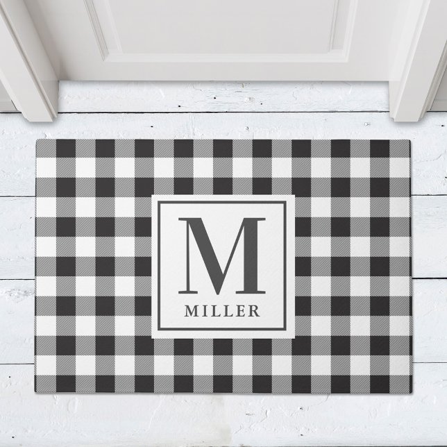 Farmhouse Black Buffalo Plaid Custom Monogram Doormat (Creator Uploaded)