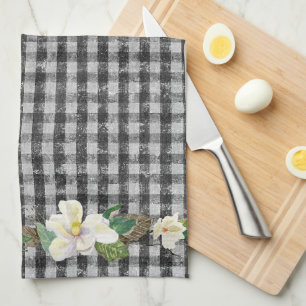 Farmhouse Black Check Rustic White Magnolia Leaves Tea Towel