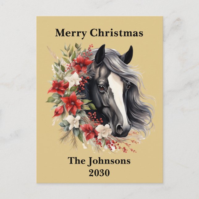 Farmhouse Black Christmas Horse Wreath Poinsettia Holiday Postcard (Front)