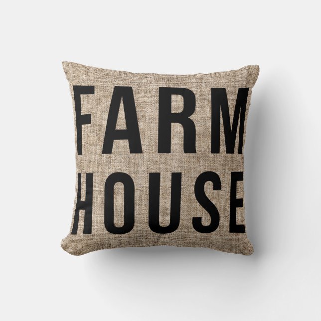 FARMHOUSE Black Lettering Rustic Burlap Sacking Cushion (Front)
