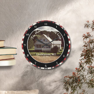 Farmhouse Black Red Buffalo Plaid Custom Photo Large Clock