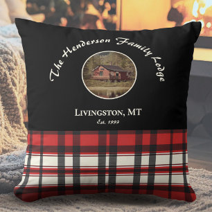 Farmhouse Black Red Buffalo Plaid Photo Square Cushion