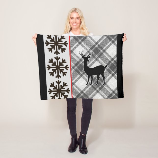 Farmhouse Black White Buffalo Plaid Deer Snowflake Fleece Blanket (In Situ)