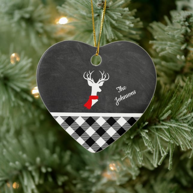 Farmhouse Black White Plaid Deer Chalkboard Name Ceramic Tree Decoration (Tree)