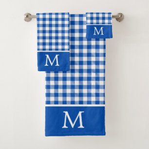 Farmhouse Blue and White Gingham Plaid Monogram Bath Towel Set