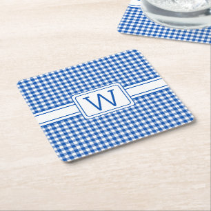 Farmhouse Blue and White Gingham Plaid Monogram Square Paper Coaster