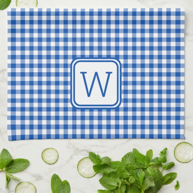 Farmhouse Blue and White Gingham Plaid Monogram Tea Towel (Folded)