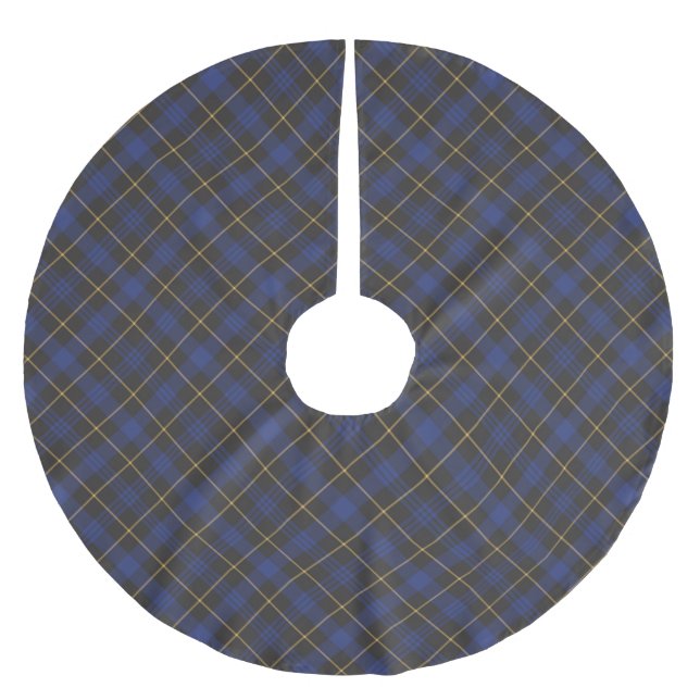 Farmhouse blue black gold diagonal plaid pattern brushed polyester tree skirt (Front)