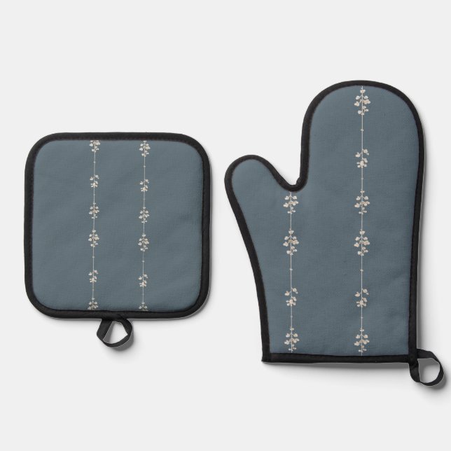 Farmhouse Blue Botanical Kitchen  Oven Mitt & Pot Holder Set (Front)