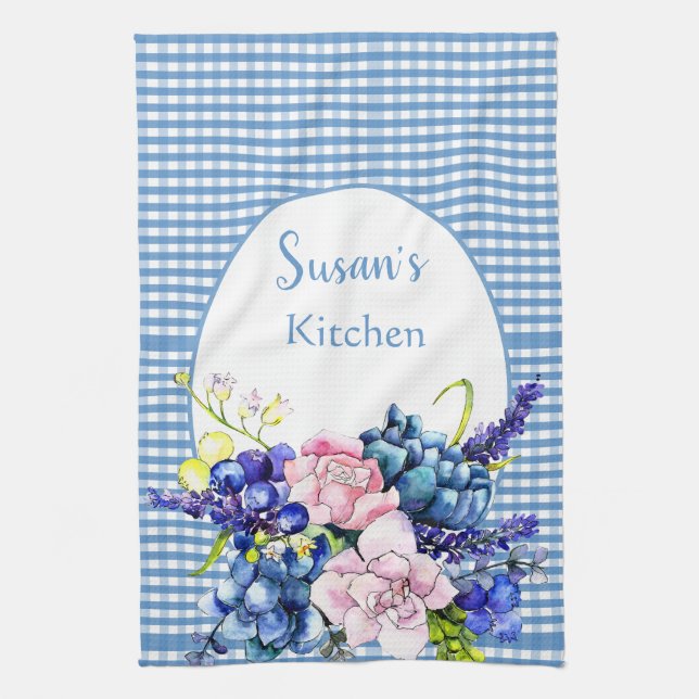 Farmhouse Blue Gingham and Roses Personalised  Tea Towel (Vertical)
