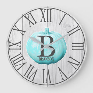 Farmhouse Blue Pumpkin & White Wood Personalised Large Clock