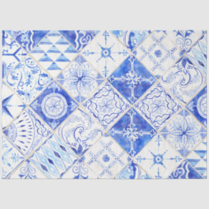 Farmhouse Blue White Diamond Tile Wood Decoupage 2 Tissue Paper