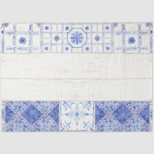 Farmhouse Blue White Painted Tile Wood Decoupage Tissue Paper
