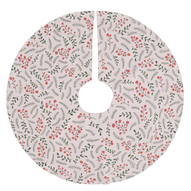 Farmhouse blush pink dark green foliage pattern brushed polyester tree skirt (Front)