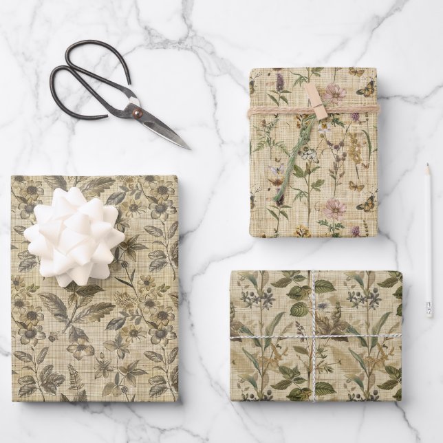 Farmhouse Botanical Decoupage Design Wrapping Paper Sheet (Front)