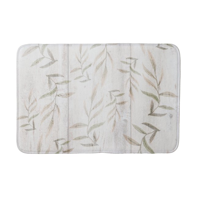 Farmhouse Botanical White Wood Blush Rustic Leaves Bath Mat (Front)
