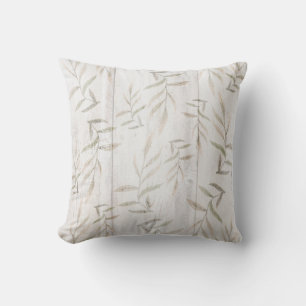 Farmhouse Botanical White Wood Blush Rustic Leaves Cushion