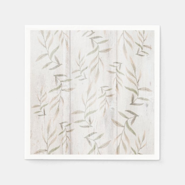 Farmhouse Botanical White Wood Blush Rustic Leaves Napkin (Front)