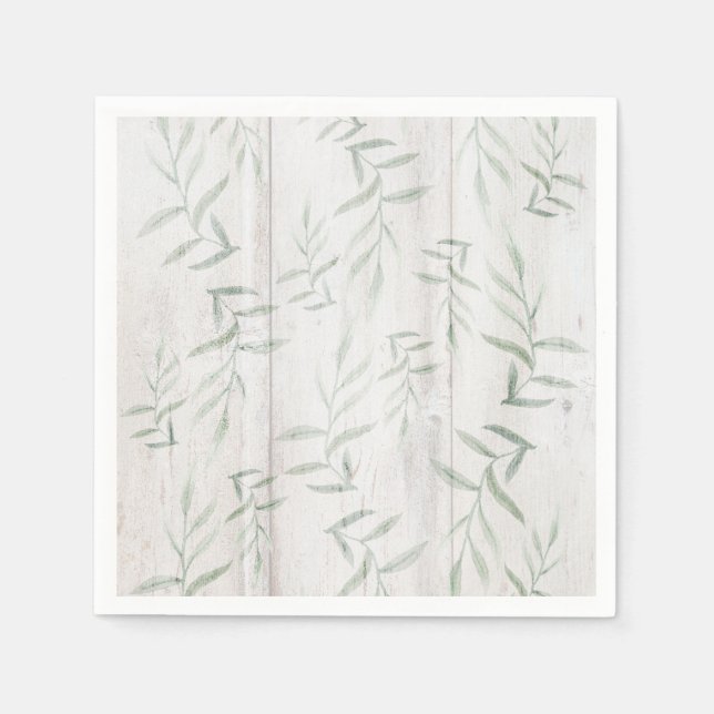 Farmhouse Botanical White Wood Rustic Leaves Napkin (Front)
