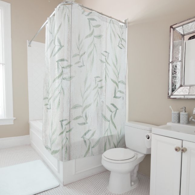 Farmhouse Botanical White Wood Rustic Leaves Shower Curtain (In Situ)