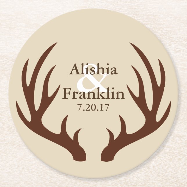 Farmhouse Brown Antlers Bride & Groom Wedding Date Round Paper Coaster (Front)
